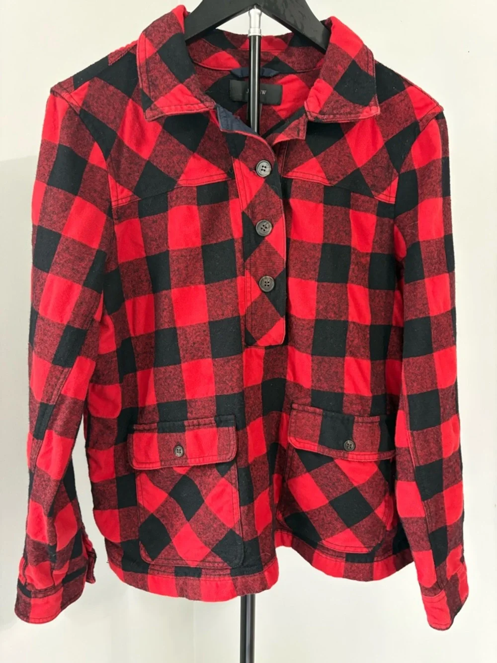J. Crew Buffalo Plaid Popover Shirt Jacket Shacket Red Black Flannel Medium